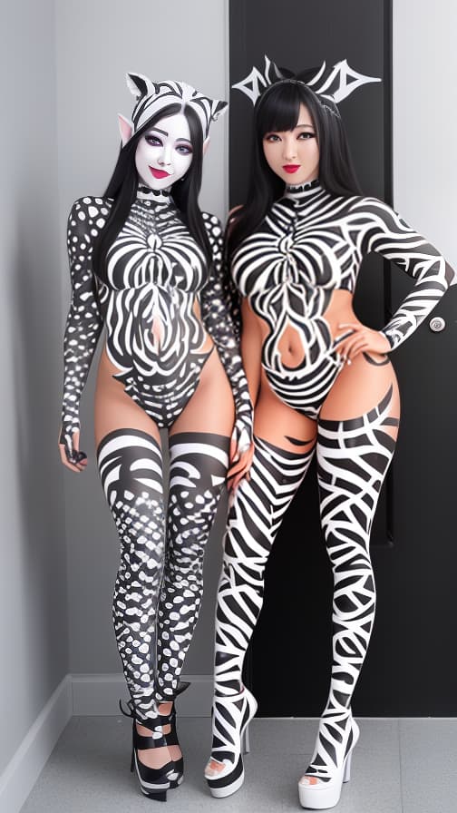  Black and White Spider-patterned body paint in every corner of the whole body, full-body, silver body paint, White face paint on the face,Two Dark elfs 女性