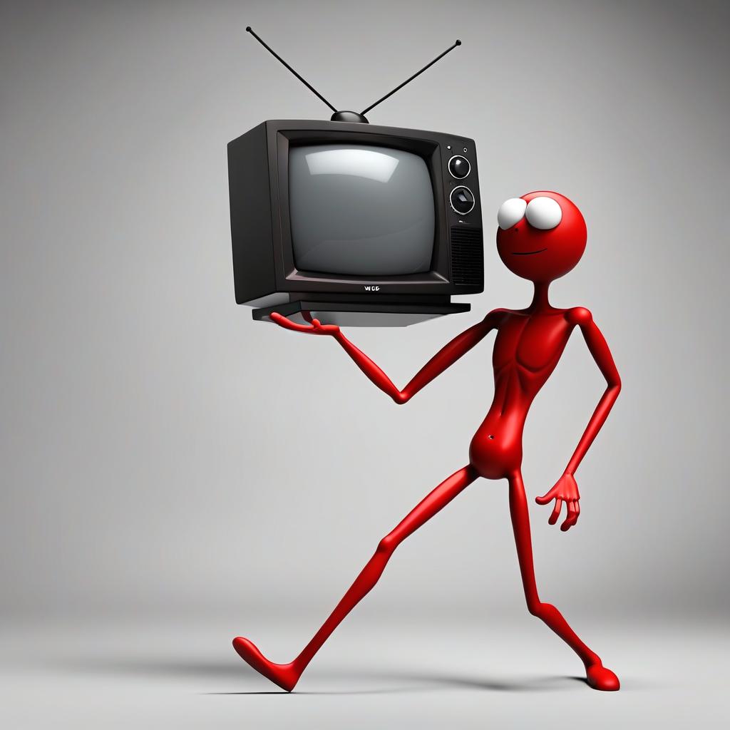  the red stickman runs at us with the tv in his hand