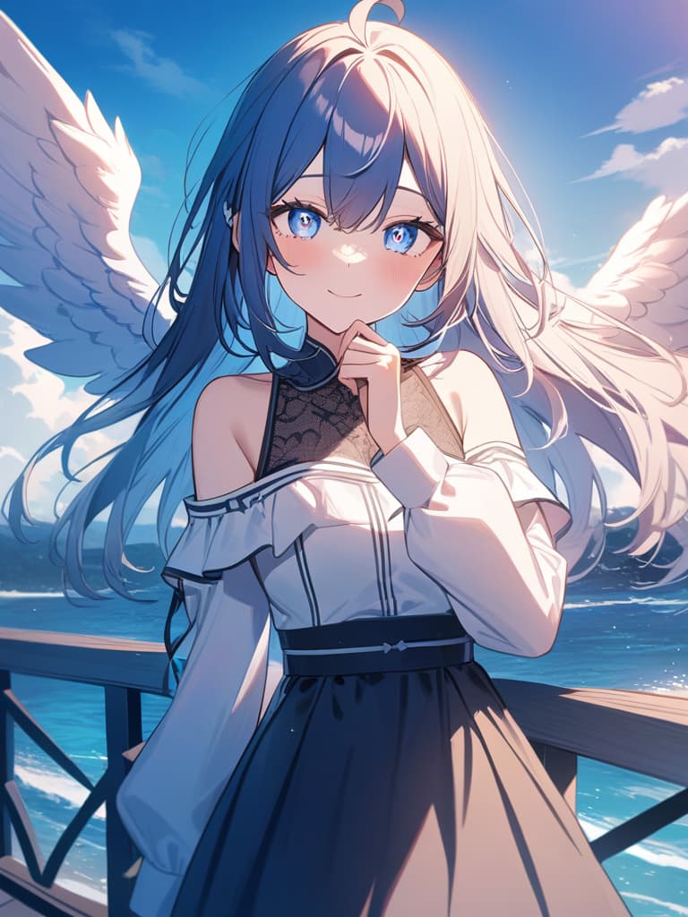  anime angel girl in blue dress by water waves and sky blue sky background on desktop,1girl,solo,dress,ocean,blue eyes,long hair,wings,blue hair,outdoors,water,smile,sky,day,angel wings,cloud,hair ornament,ahoge ,(best quality,masterpiece,ultra detailed,illustration:1.2),(8k wallpaper),(beautiful detailed eyes:1.2),beautiful,amazing,detailed eyes,(detailed skin)