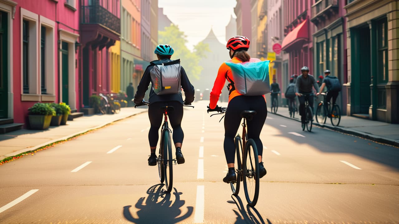  a vibrant urban scene with cyclists of diverse backgrounds riding practical bikes loaded with groceries and cargo. lush city parks, bike lanes, and eco friendly buildings create a bustling, sustainable atmosphere. hyperrealistic, full body, detailed clothing, highly detailed, cinematic lighting, stunningly beautiful, intricate, sharp focus, f/1. 8, 85mm, (centered image composition), (professionally color graded), ((bright soft diffused light)), volumetric fog, trending on instagram, trending on tumblr, HDR 4K, 8K