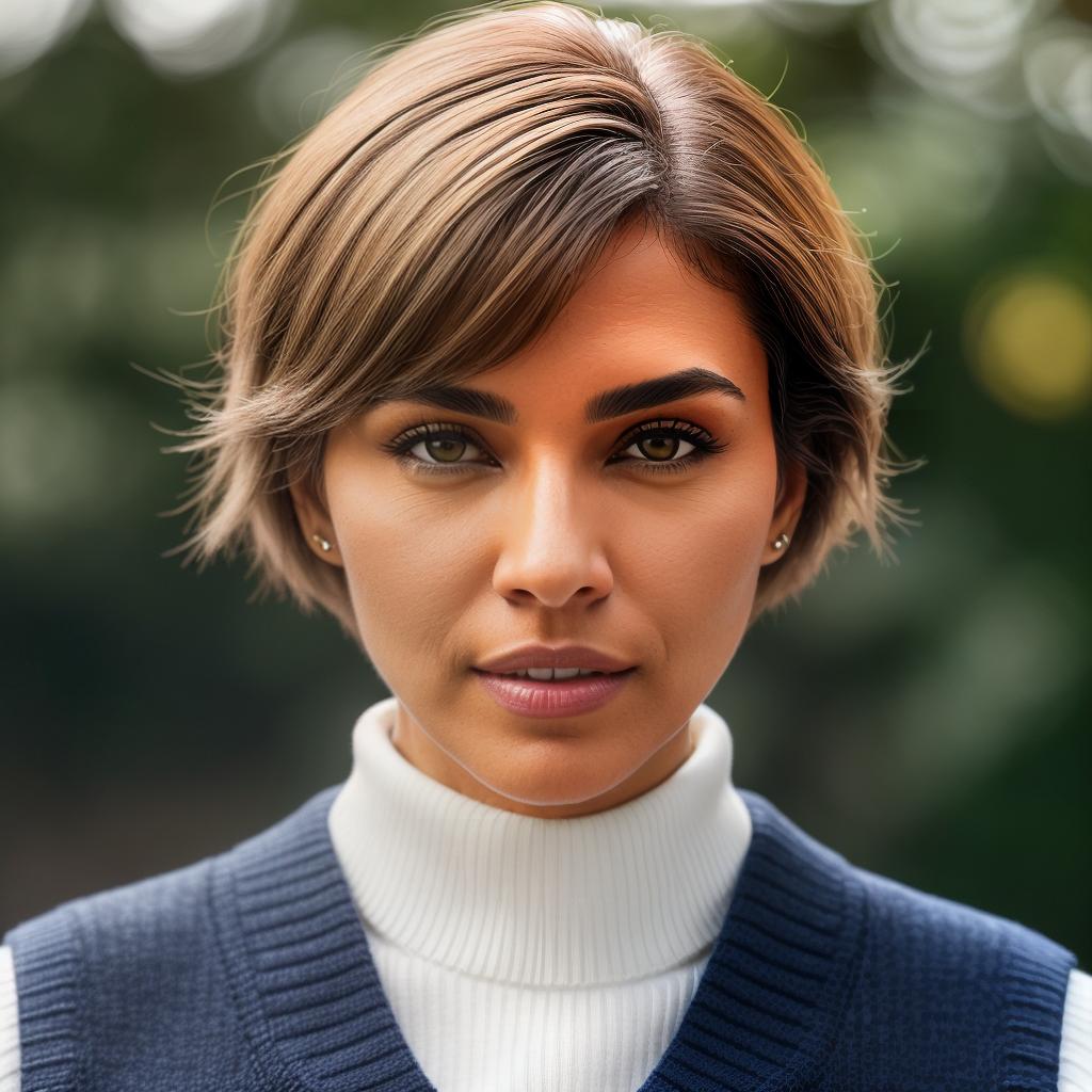  (((realistic full torso frontal head shot of a light brown to medium brown skin tone woman))), lourdes concepcion ortíz, ((hispanic heritage)), immature face, blue eye color, (pixie cut hair style), ((blonde hair color)), ((skinny body type)), flat size, small size, (immature straight narrow nose), (immature high cheekbones), (immature angular jawline), (immature full lips), (immature broad forehead), (immature arched eyebrows), (immature pointed chin), standing straight looking directly into the camera,((wearing white on up with a navy blue sweater vest featuring a crest)), academic setting background, 1, best quality, highest quality, award winning photo, masterpiece, raw, professional photography, p hyperrealistic, full body, detailed clothing, highly detailed, cinematic lighting, stunningly beautiful, intricate, sharp focus, f/1. 8, 85mm, (centered image composition), (professionally color graded), ((bright soft diffused light)), volumetric fog, trending on instagram, trending on tumblr, HDR 4K, 8K