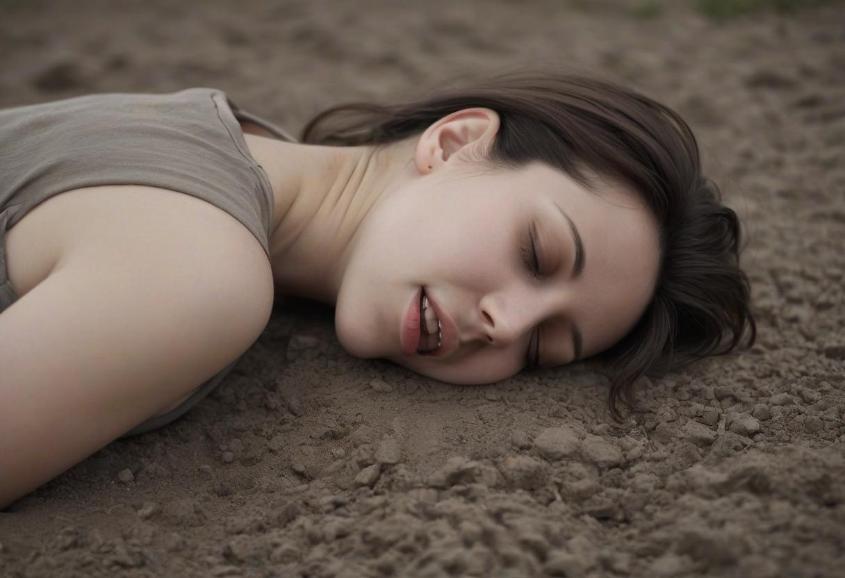  mediterranean lying on the ground full length with eyes closed and half open mouth sagging backwards. overcast light.