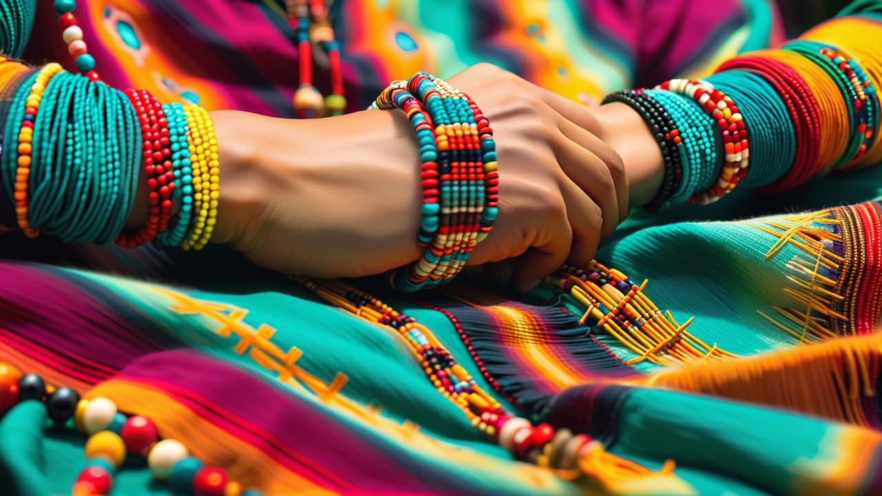  a vibrant close up of intricate native american beadwork displayed on a colorful fabric background, showcasing various patterns and textures, with hands gently holding the beads, symbolizing cultural appreciation and connection. hyperrealistic, full body, detailed clothing, highly detailed, cinematic lighting, stunningly beautiful, intricate, sharp focus, f/1. 8, 85mm, (centered image composition), (professionally color graded), ((bright soft diffused light)), volumetric fog, trending on instagram, trending on tumblr, HDR 4K, 8K