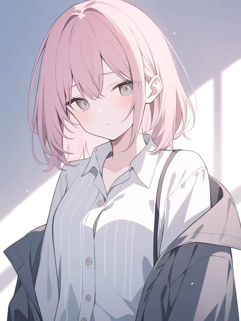  a moody,high resolution close up of a melancholic character with disheveled pink hair and a tired expression. the character wears a loosely buttoned white shirt with thin stripes and a tie that looks slightly undone. over the shirt,there's a worn out jacket hanging off one shoulder,adding to the casual,slightly unkempt look. the muted tones of gray and pink create a soft,dreamy atmosphere,with the character's eyes half lidded,giving a sense of exhaustion or contemplation.the overall mood is serene yet subtly melancholic,enhanced by soft light reflections and a few sparkles around the character.