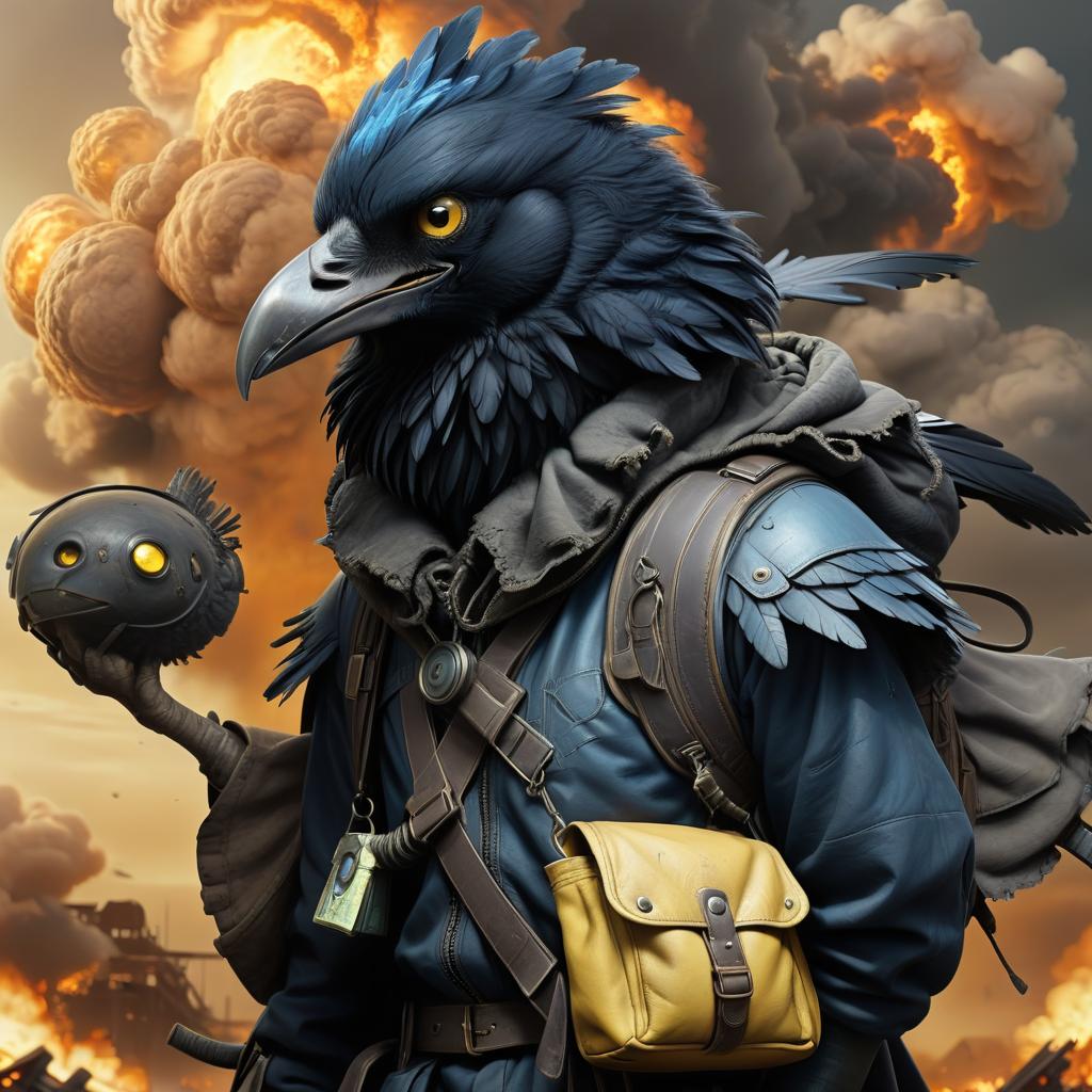  dystopian style black with blue tint avian humanoid race with raven head alchemist, ruffled feathers, mischievous yellow eyes, smiling, rags and leather cloak with lots of pockets, big backpack with pockets, nuclear explosions and detonation blasts . bleak, post apocalyptic, somber, dramatic, highly detailed, civitai