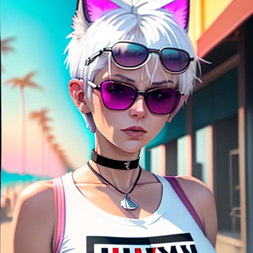  a woman with white hair, a short haircut "pixie." in sunglasses, a t shirt top, with a choker around her neck, on the head of the ear fox, stands against a neon sunset. in full growth. seaside, palm shade. neon sunset, neon inscription "cherry", digital photo, high detail, high realism.