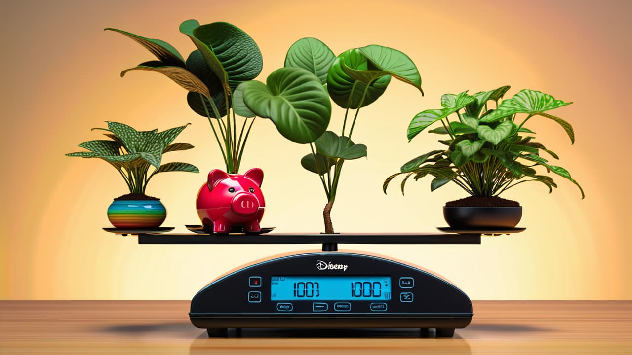  a balanced scale with three distinct sections: one filled with vibrant green plants symbolizing needs, another with colorful lifestyle items representing wants, and a piggy bank overflowing with coins for savings, all set against a soft, calming background. hyperrealistic, full body, detailed clothing, highly detailed, cinematic lighting, stunningly beautiful, intricate, sharp focus, f/1. 8, 85mm, (centered image composition), (professionally color graded), ((bright soft diffused light)), volumetric fog, trending on instagram, trending on tumblr, HDR 4K, 8K