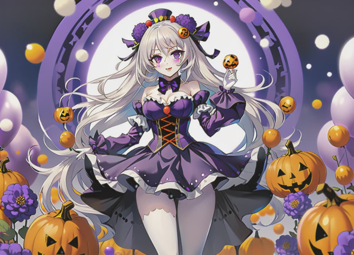  anime artwork a girl with white skin like porcelain, white long wavy hair, purple makeup on her face, wearing a halloween holiday costume in purple flowers, clown costume, against the background of a purple gloomy circus clown beauty clown dynamic pose at full height mega dynamic pose, creepy dark atmosphere, mysterious atmosphere dynamic pose . anime style, key visual, vibrant, studio anime, highly detailed, perfect hands