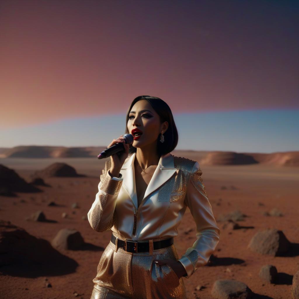  cinematic photo girl sings in karaoke on mars . 35mm photograph, film, bokeh, professional, 4k, highly detailed, sticker hyperrealistic, full body, detailed clothing, highly detailed, cinematic lighting, stunningly beautiful, intricate, sharp focus, f/1. 8, 85mm, (centered image composition), (professionally color graded), ((bright soft diffused light)), volumetric fog, trending on instagram, trending on tumblr, HDR 4K, 8K