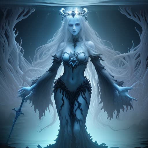  full body portrait of a dark fantasy sea priestess, eerie and beautiful, standing in an underwater setting. she has pale skin, glowing blue eyes, and long, flowing silver hair. she is adorned in flowing, decayed seaweed robes and a coral crown with glowing blue gems. her hands hold a staff made of bone and coral, with faint bioluminescent glow surrounding her. the water around her is dark, with coral formations and mysterious shadows looming in the background. (unnaturally long limbs, twisted fingers, slightly deformed features), bad anatomy, haunting presence, otherworldly, 8k detail, soft lighting