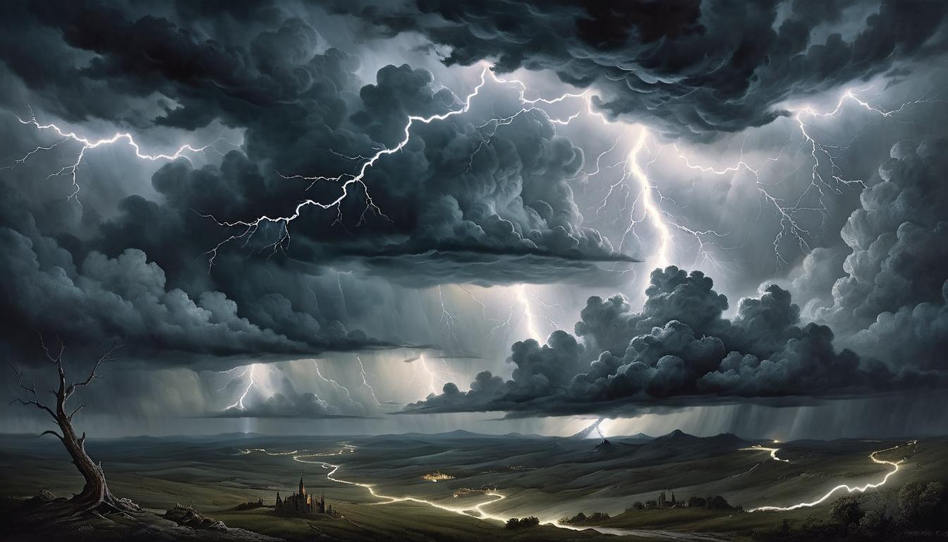  on parchment, surrealism+++, dark stormy sky, lightning striking down, celestial power depicted, awe inspiring dominance(mysterious, provocative, symbolic,muted color)+++