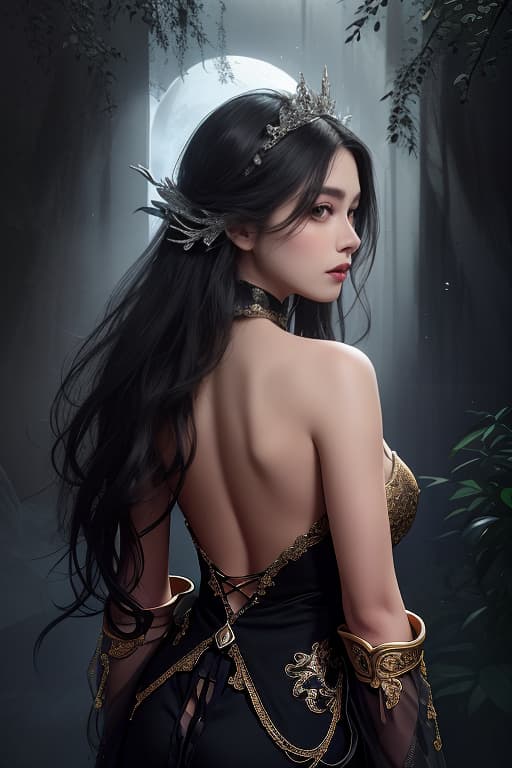  depicts a mysterious young woman, hidden in the shadows, ornate ornamentation concealing her face, with intricate carvings and subtle touches of silver and gold, her long jet black hair cascading down her back like a night waterfall, her skin glowing, kissed by the moonlight, with high cheekbones and a serene, ethereal aura, set against a dark background that shifts from deep blue to inky black, evoking a sense of mystery and intrigue, with subtle touches of moonlight casting an eerie light on her mask and hair, and a delicate lace pattern, like silver threads woven into the fabric of her dark, flowing outfit., advertising photo,high quality, good proportion, masterpiece , the image is captured with an 8k camera