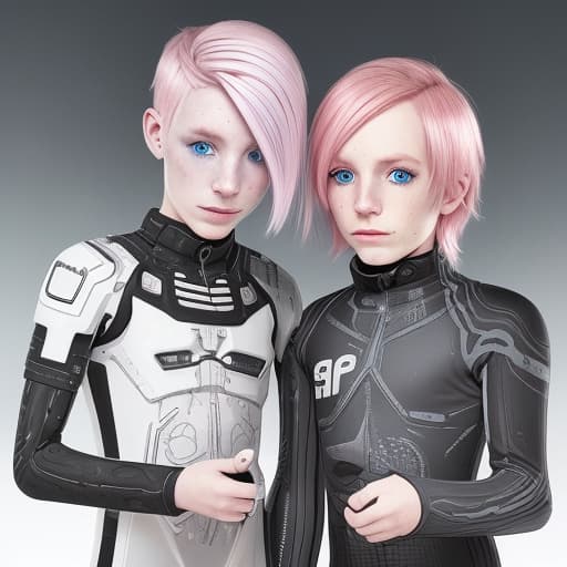  a nordic looking android, extremely and , with the appearance of a old. , with s, pink hair, blue eyes, and freckles.