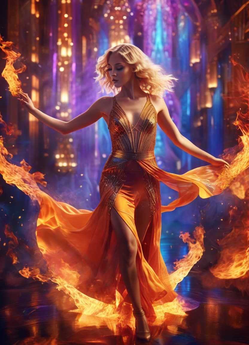  art deco style a young blond theatrical dancer dances in the flame of liquid glass. . geometric shapes, bold colors, luxurious, elegant, decorative, symmetrical, ornate, detailed, glowneon, hkmagic