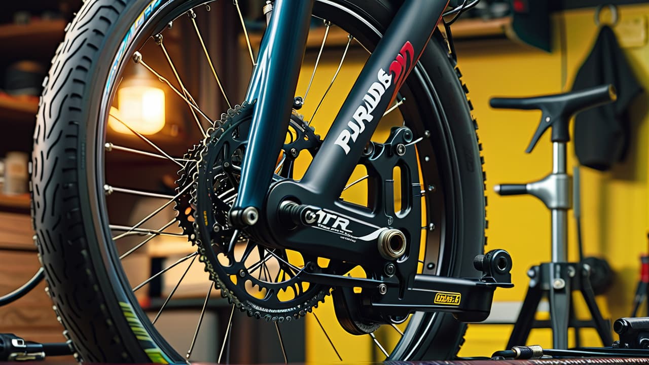  a close up of a bicycle on a work stand, showcasing a mechanic adjusting brakes, lubricating the chain, and inspecting tires, surrounded by tools like wrenches, a pump, and a multi tool in a cozy garage setting. hyperrealistic, full body, detailed clothing, highly detailed, cinematic lighting, stunningly beautiful, intricate, sharp focus, f/1. 8, 85mm, (centered image composition), (professionally color graded), ((bright soft diffused light)), volumetric fog, trending on instagram, trending on tumblr, HDR 4K, 8K