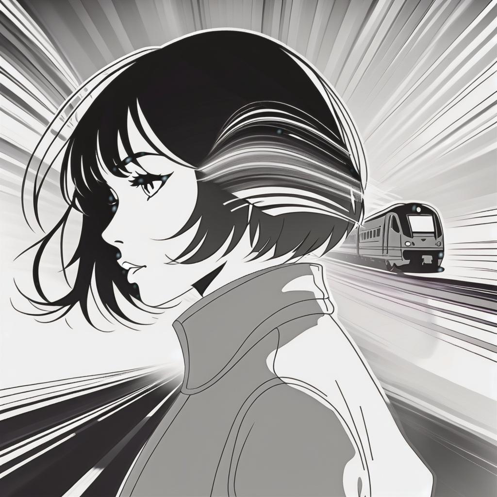  line art drawing the cutout of a profile silhouette of a woman with a double exposure revealing a moving train in a blurry motion blur analog composition. a text caption underneath reads "moving on." in a pretty font same nightmare. anime style . professional, sleek, modern, minimalist, graphic, line art, vector graphics