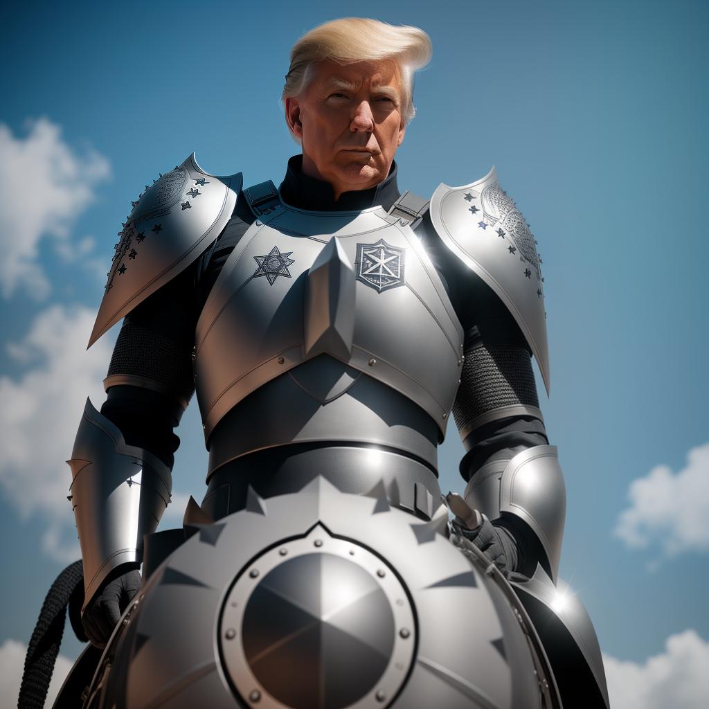  Trump in Knight Armor with a Star Of David, (high detailed skin:1.2), 8k uhd, dslr, soft lighting, high quality, film grain, Fujifilm XT3 hyperrealistic, full body, detailed clothing, highly detailed, cinematic lighting, stunningly beautiful, intricate, sharp focus, f/1. 8, 85mm, (centered image composition), (professionally color graded), ((bright soft diffused light)), volumetric fog, trending on instagram, trending on tumblr, HDR 4K, 8K