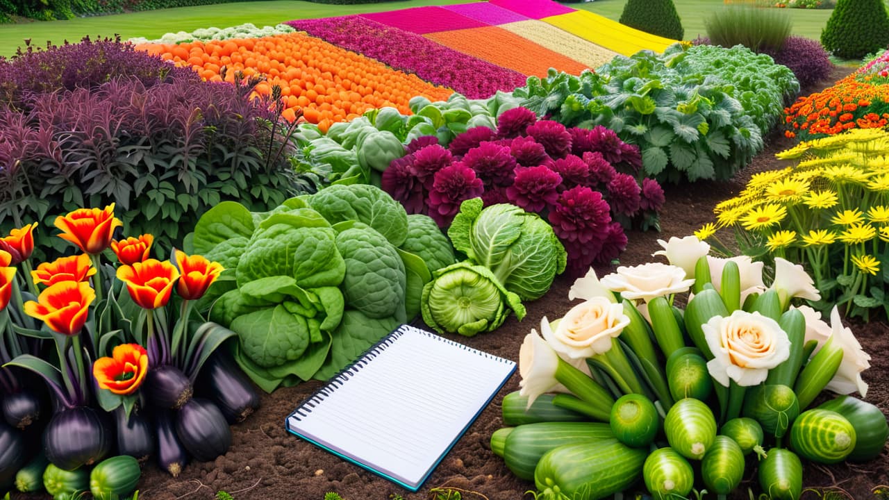  a vibrant garden layout featuring colorful rows of vegetables and flowers, with labeled sections for planting order, a measuring tape, and a small notebook with sketches, all set against a sunny sky and lush greenery. hyperrealistic, full body, detailed clothing, highly detailed, cinematic lighting, stunningly beautiful, intricate, sharp focus, f/1. 8, 85mm, (centered image composition), (professionally color graded), ((bright soft diffused light)), volumetric fog, trending on instagram, trending on tumblr, HDR 4K, 8K