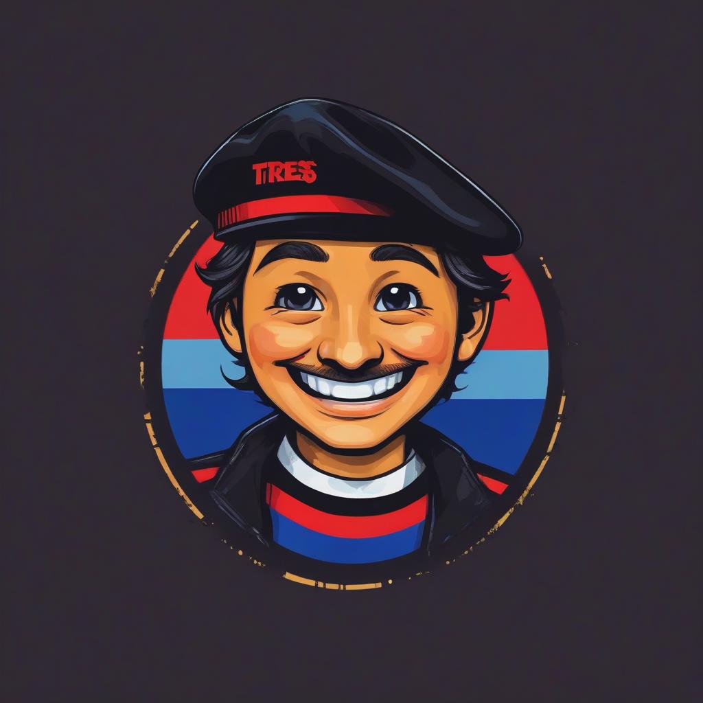  retro game art minimalist logo in the form of a smiling face, striped t shirt, black beret, the inscription "tres bien", the colors of the flag of france . 16 bit, vibrant colors, pixelated, nostalgic, charming, fun