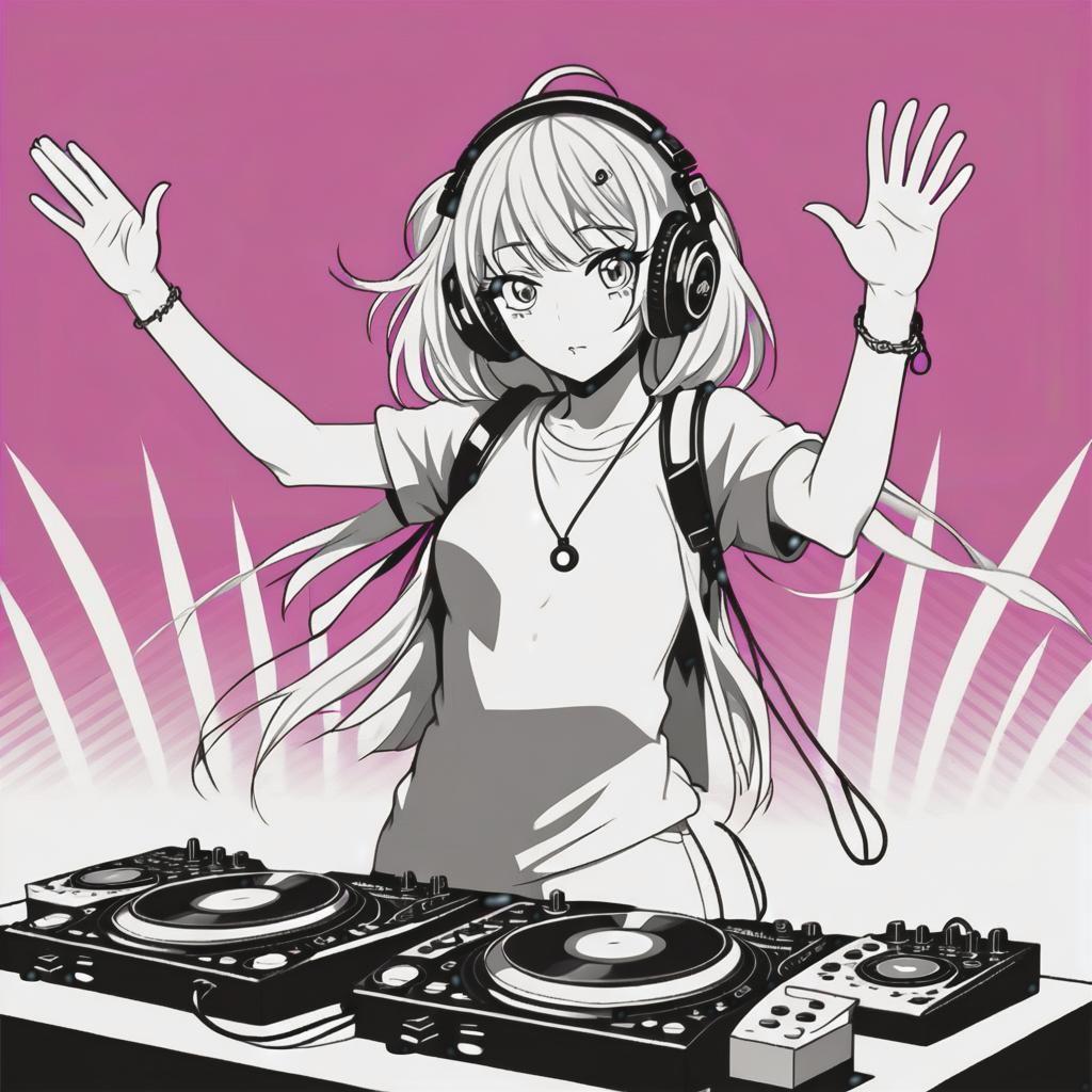  line art drawing dj girl raise hands high, same nightmare. anime style . professional, sleek, modern, minimalist, graphic, line art, vector graphics