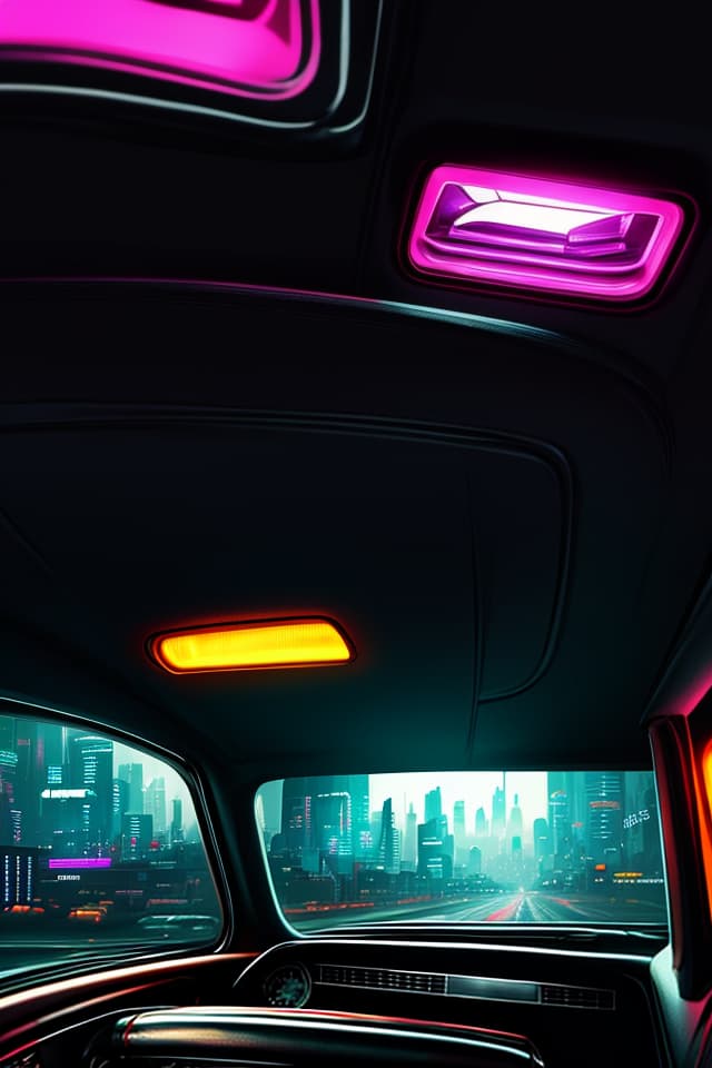  a retro car with an open sunroof driving in a city. cartoon style art. , (cyberpunk:1.15), hq, hightly detailed, 4k