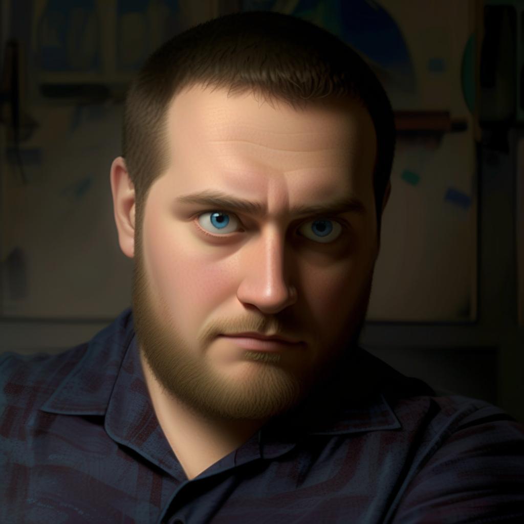  concept art a portrait from the original image in a cartoon style. the person's face from the original image must have an exact resemblance. in pixar style. computer animation, typical of animated films. beard. blue eyes . digital artwork, illustrative, painterly, matte painting, highly detailed