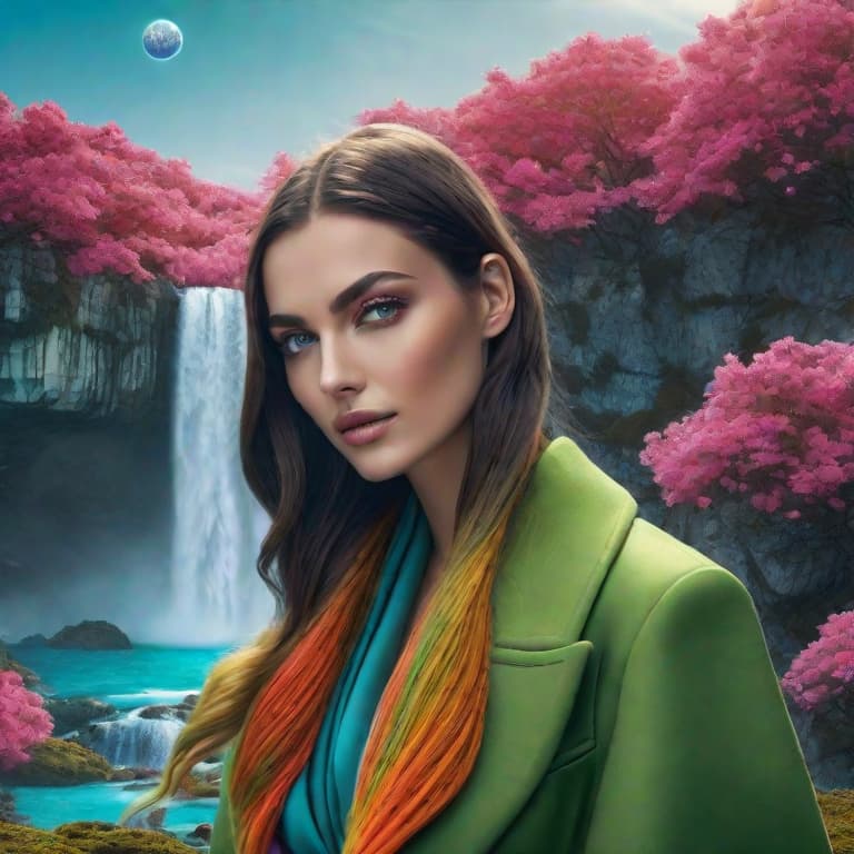  create a three dimensional picture with a young, slender, long haired, green eyed girl on a turquoise background of a waterfall and surrounded by non fantasy, multi colored, bright flowers, but with three planets in the blue sky instead of the sun, bright in color and of different shapes from large to small hyperrealistic, full body, detailed clothing, highly detailed, cinematic lighting, stunningly beautiful, intricate, sharp focus, f/1. 8, 85mm, (centered image composition), (professionally color graded), ((bright soft diffused light)), volumetric fog, trending on instagram, trending on tumblr, HDR 4K, 8K