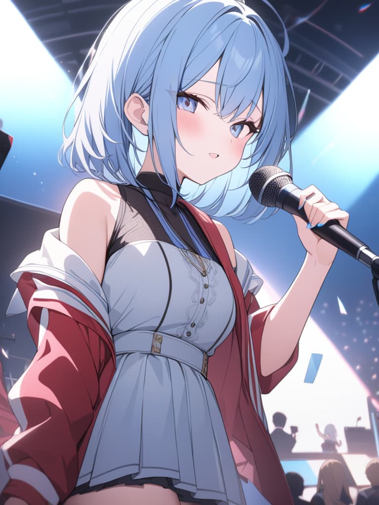  light blue hair, light blue, bob hair, have a microphone, live, let's do it, masterpiece, best quality,8k,ultra detailed,high resolution,an extremely delicate and beautiful,hyper detail