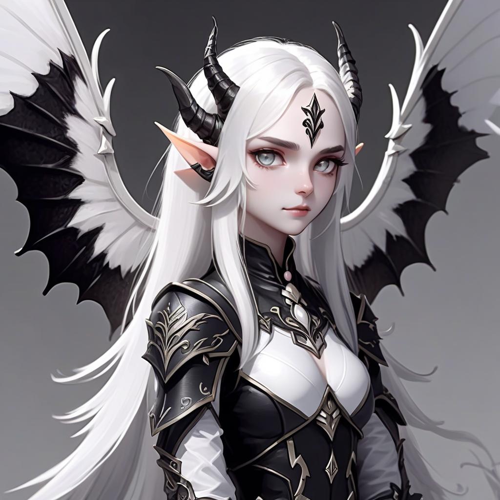  dnd, young , small black horns on the head, white skin, white hair, long hair in the tail, pointed elven ears, white wings of a moth from the back, black leather armor, pearl on the , hkmagic