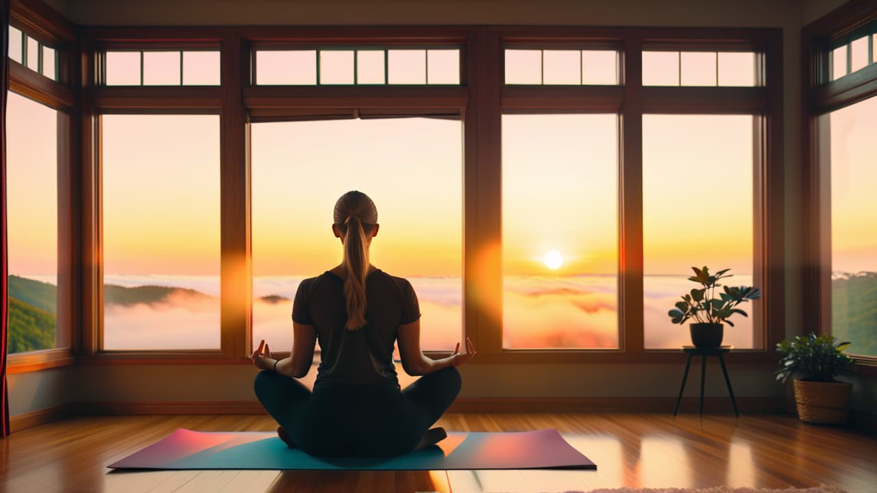  a serene sunrise scene with a person meditating by a window, surrounded by a journal, a book, a glass of water, and a yoga mat, embodying calmness and intentionality in morning rituals. hyperrealistic, full body, detailed clothing, highly detailed, cinematic lighting, stunningly beautiful, intricate, sharp focus, f/1. 8, 85mm, (centered image composition), (professionally color graded), ((bright soft diffused light)), volumetric fog, trending on instagram, trending on tumblr, HDR 4K, 8K