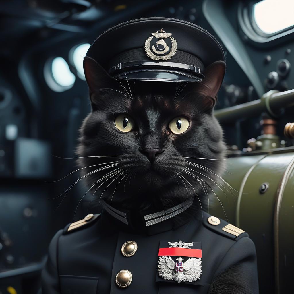  a furry black cat in the style of a german captain from the second world war, in a submarine