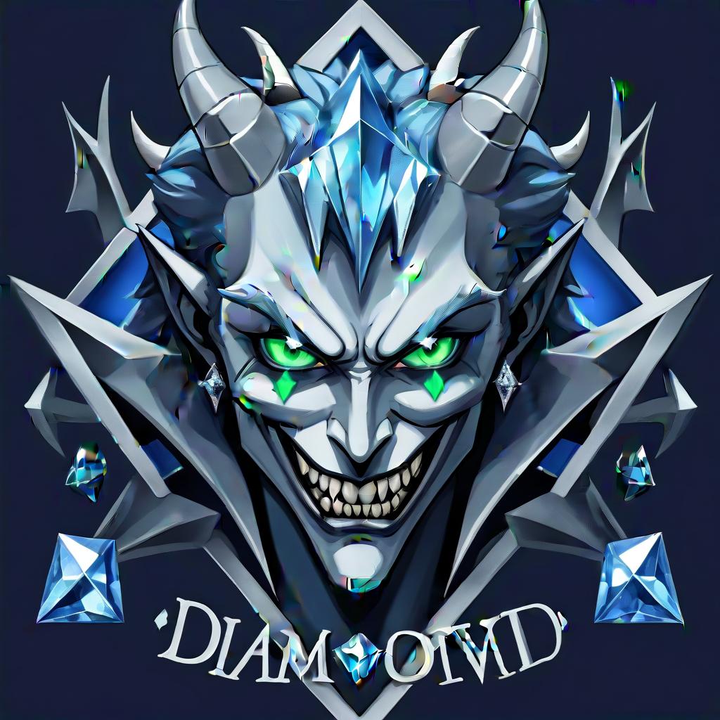  diamond devil, portrait. dark green eyes, man. kind. hair gray. with fangs and horns. colors blue, blue, silver