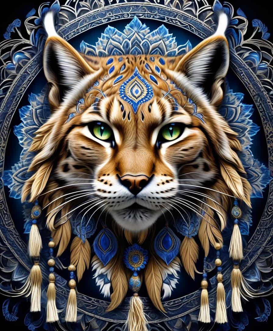  tribal style masterpiece, hdr 8k, digital image. conceptual art. (siberian lynx, majestic wildcat, powerful paws, flexible strong body, piercing feline eyes, sharp fangs, tassels on the ears, appearing in ancient russian ethnic ornaments that make up a symmetrical mandala consisting of an endless forest, a wide flowing river and majestic mountains, the mandala is decorated with a fantastic ice pattern). abstract elements: stones, tree leaves, flowers. the effect of dissolving the natural shades of fur in sky waves. filigree finishes, mysterious neon glowing accents, intricate. stylization. neo rococo style. stylish, dynamic, atmospheric. background dissolving abstract patterns in the space:: vignetting:: complex ethnic ornament. mystery, 