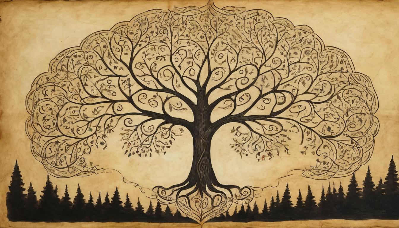  on parchment, surrealism++, gleaming tree of life, radiant light, dark forest, symbol of divine purpose, growth, celestial guidance(mysterious, provocative, symbolic)++