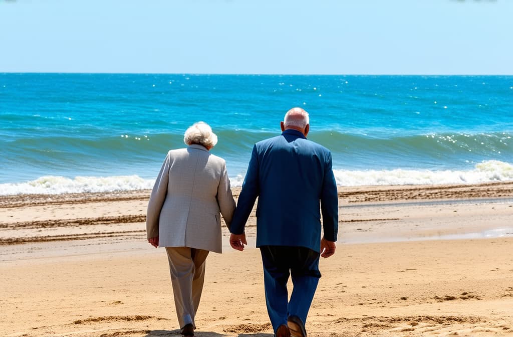  grandma and grandpa walking along the seashore, sunny day ar 3:2, (natural skin texture), highly detailed face, depth of field, hyperrealism, soft light, muted colors