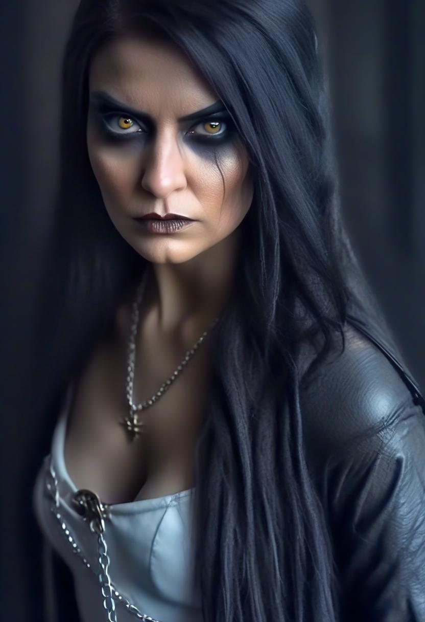  macabre style transform into the queen of the elves a thief fighter in long white leather skirts and a chain skirt, standing in height against the background of a dark hall. . dark, gothic, grim, haunting, highly detailed, perfecteyes, perfect hands