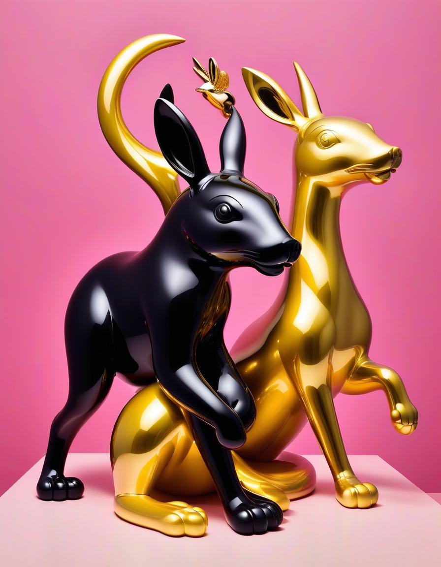  score 9, score 8, (score 7:0.5), (score 6:0.5), score 6 up, score 7 up jeff koons black and gold surreal minimal fantasy animal sculpture, pink background 💜💜💜 (thanks venya minchin)