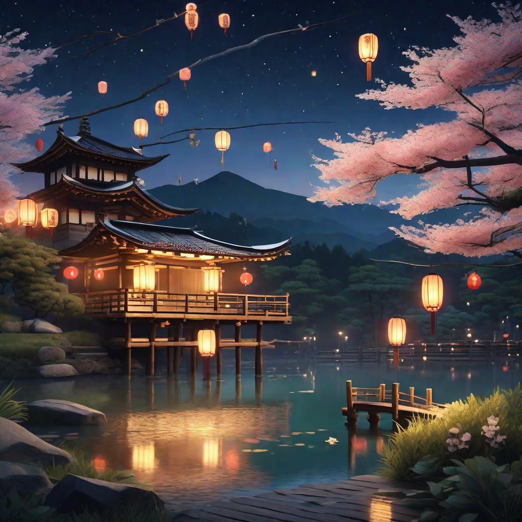  masterpiece, best quality, (Fidelity: 1.4), Best Quality, Masterpiece, Ultra High Resolution, 8k resolution, A night view inspired by Japanese art, featuring a garden illuminated by paper lanterns and a wooden bridge spanning a tranquil lake, by the lakeside, there is a small Zen temple. The water reflects the starry sky.