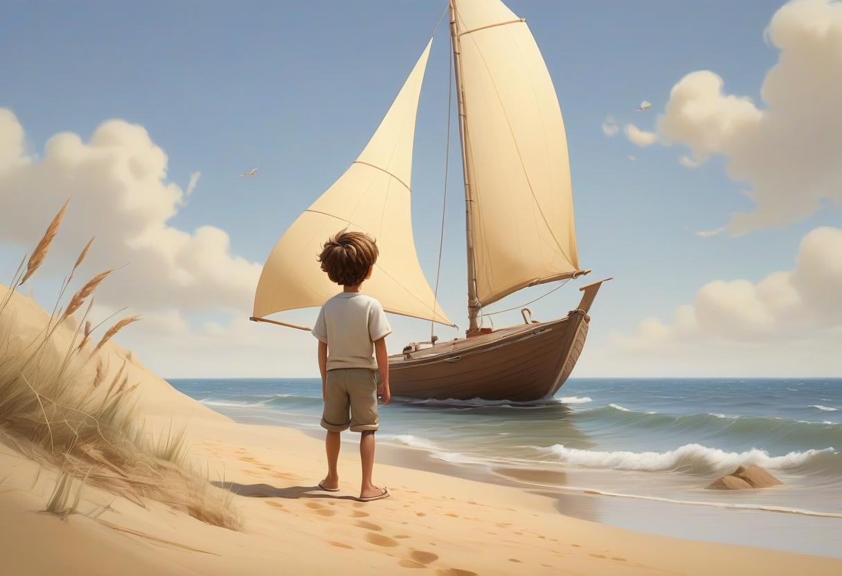  a peaceful beach scene with soft golden sand and a calm, blue sea in the background. a small wooden sailboat stands a short distance from the water, slightly tilted in the sand. its design is simple yet enchanting, with a sail gently fluttering in the breeze. in the foreground, evseyka, a young with large blue eyes and short nut hair, is walking towards the boat. he is facing the sailboat, his back towards the camera. his small figure shows a sense of curiosity as he approaches the boat, the wind gently ruffling his clothes and hair. the colors are warm and vint, with a soft watercolor like touch, giving the scene a magical, inviting feel. the atmosphere is designed for a young audience (ages 3 5), with a friendly, style