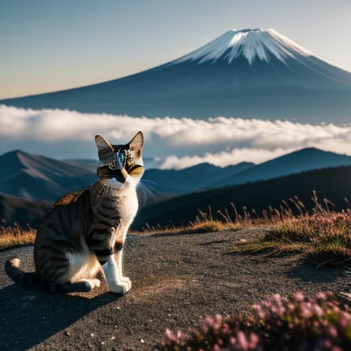  cat ,mount fuji hyperrealistic, full body, detailed clothing, highly detailed, cinematic lighting, stunningly beautiful, intricate, sharp focus, f/1. 8, 85mm, (centered image composition), (professionally color graded), ((bright soft diffused light)), volumetric fog, trending on instagram, trending on tumblr, HDR 4K, 8K