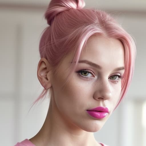  (--Style Photoralism, 16k) a close up of a woman with a pink shirt and a pink hair, pink shirt, pink lipstick, light pink lipstick, 🤬 🤮 💕 🎀, hair bun, ager , hyperrealistic , wearing a t-shirt, , beautiful makeup, hair tied in a bun, hair in a bun, updo, pink lips