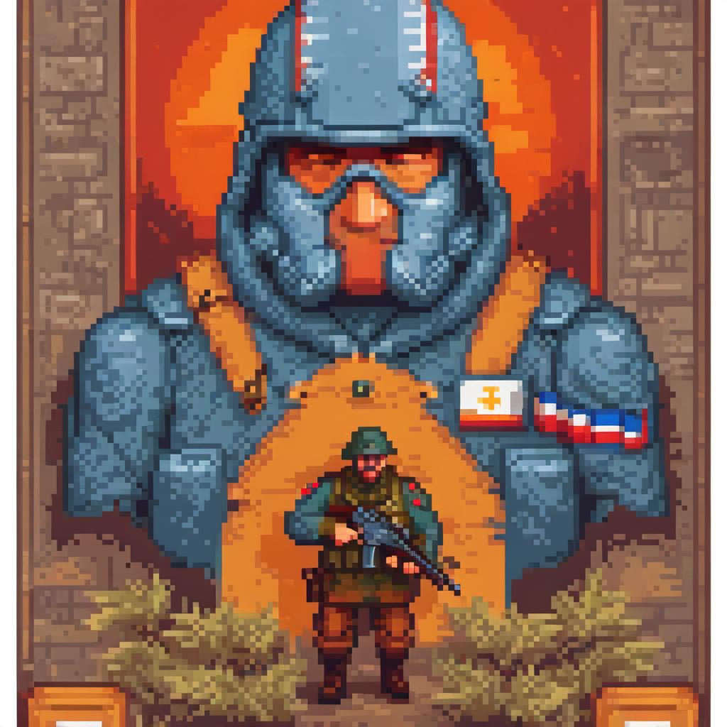  pixel art russian soldier games icon . low res, blocky, pixel art style, 8 bit graphics hyperrealistic, full body, detailed clothing, highly detailed, cinematic lighting, stunningly beautiful, intricate, sharp focus, f/1. 8, 85mm, (centered image composition), (professionally color graded), ((bright soft diffused light)), volumetric fog, trending on instagram, trending on tumblr, HDR 4K, 8K