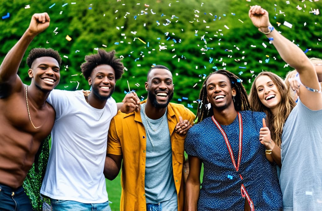  professional detailed photography, group of friends having fun at summer party throwing confetti in the air, young multiracial hipsters having fun on weekend outdoors ar 3:2, (muted colors, dim colors, soothing tones), (vsco:0.3)