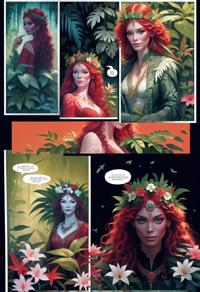  portrait of beautiful red haired bohemian queen wearing red colour lace surrounded by jungle plants and flowers art by mike mayhew and mark brooks and ross tran 8k resolution