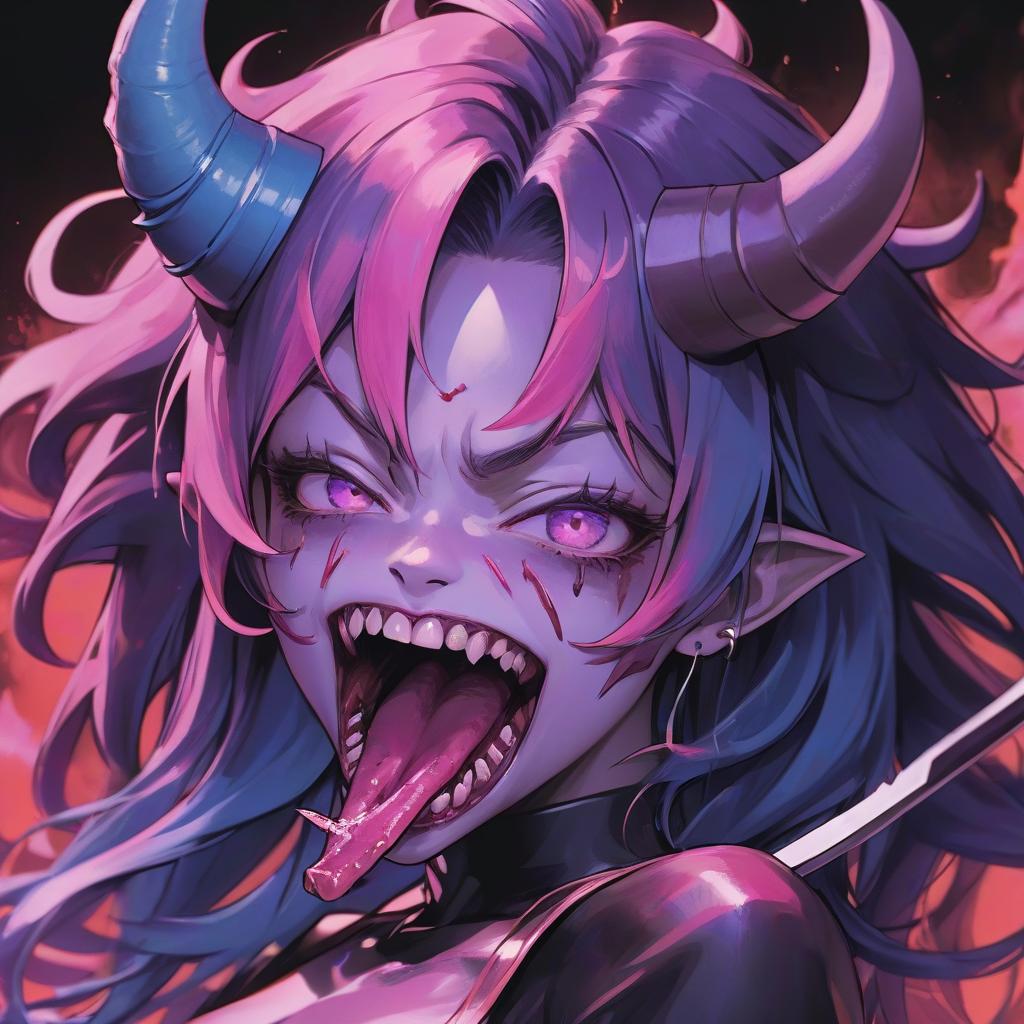  a close up of a person holding a knife, detailed hot maw, demon black blue purple, luminous, full color manga visual style, soft lulling tongue, pink , horns. dark colors, arca album cover, resin, trap, ( 3 1, 1 1 1 1, very , perfect face template, [ metal ], bite, artist unknown, esa