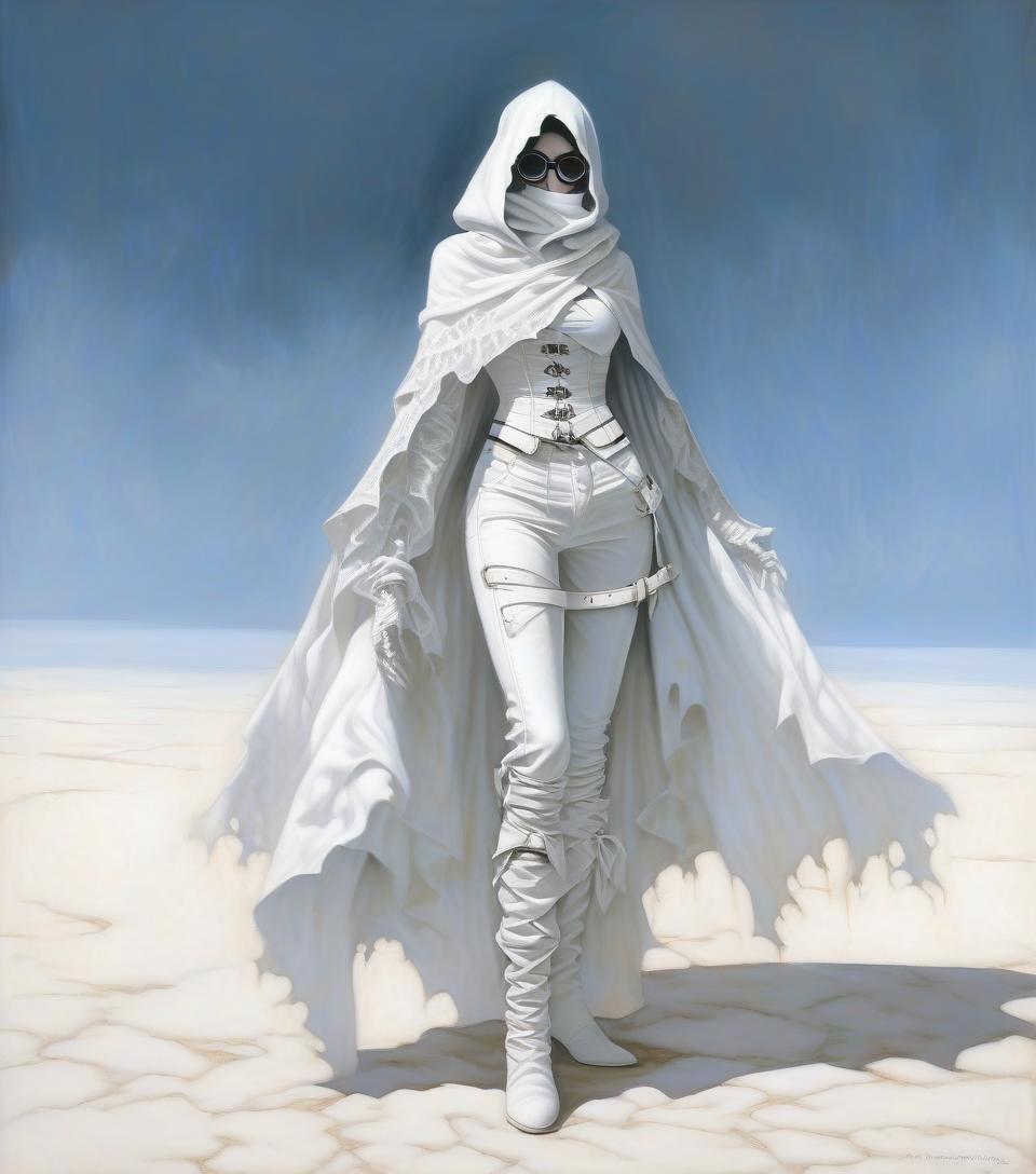  macabre style fantasy. a thin girl in glasses with a beautiful face without glasses, in a white scarf on her face, in a leather white openwork corset, in leather pants, with a wide white garter in the form of a white belt and a buckle in the middle of her right thigh, in white wrists, in white gloves, in a leaky openwork cloak. . dark, gothic, grim, haunting, highly detailed, hkmagic, oil painting