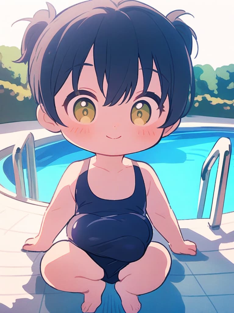  junior s, twin tails, cute smiles, dark blue hits, dark blue swimwear, dark blue swimwear, clear (double ual equipment, shaped clear, bulge, male bulging), front legs, whole body, pool, pool,