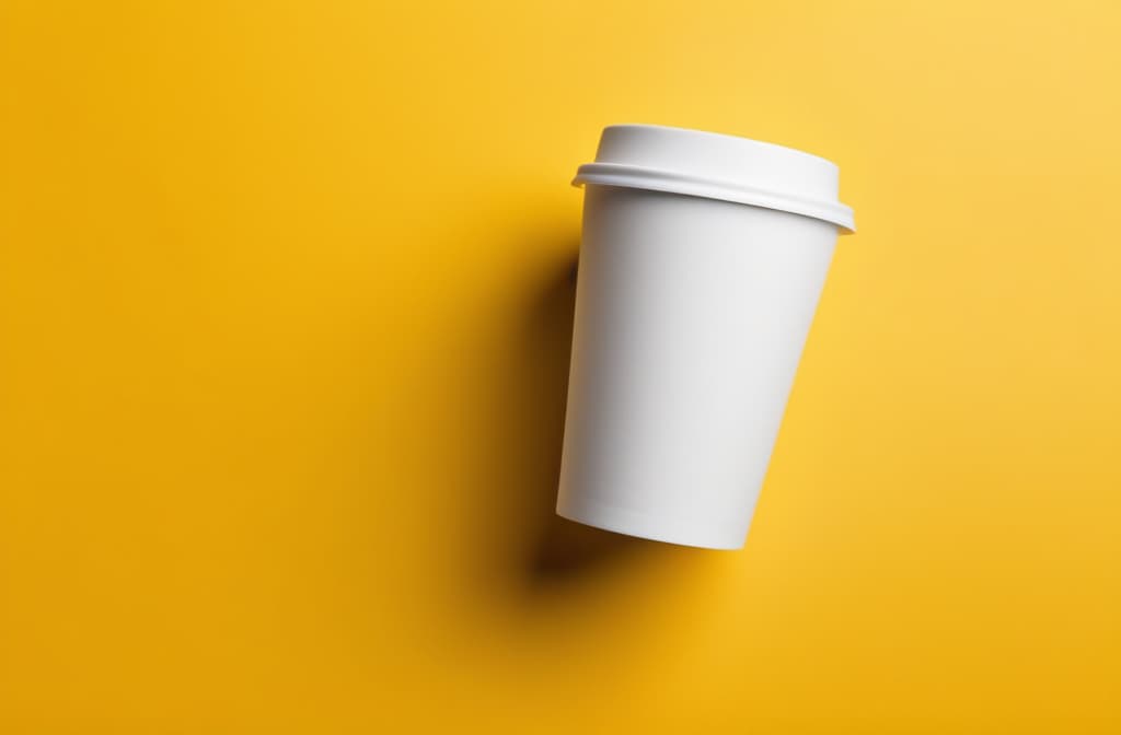  white eco coffee cup on a yellow background, empty space for text on the left, top view ar 3:2 high quality, detailed intricate insanely detailed, flattering light, RAW photo, photography, photorealistic, ultra detailed, depth of field, 8k resolution , detailed background, f1.4, sharpened focus