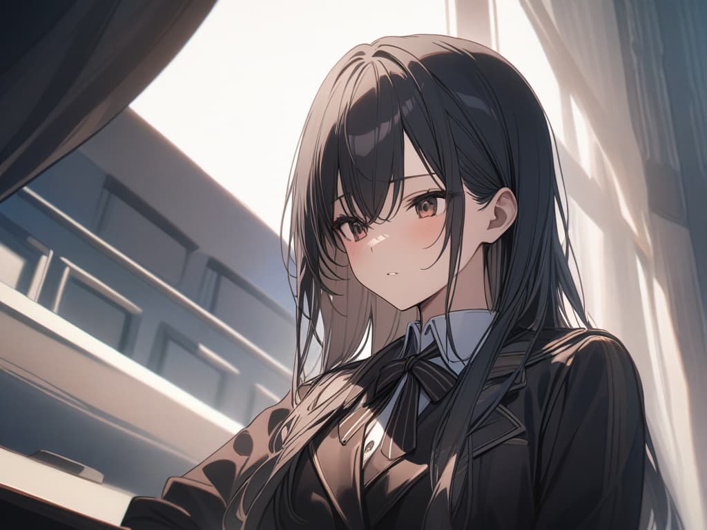  black hair, brown winter uniform, paid expression, masterpiece, best quality,8k,ultra detailed,high resolution,an extremely delicate and beautiful,hyper detail