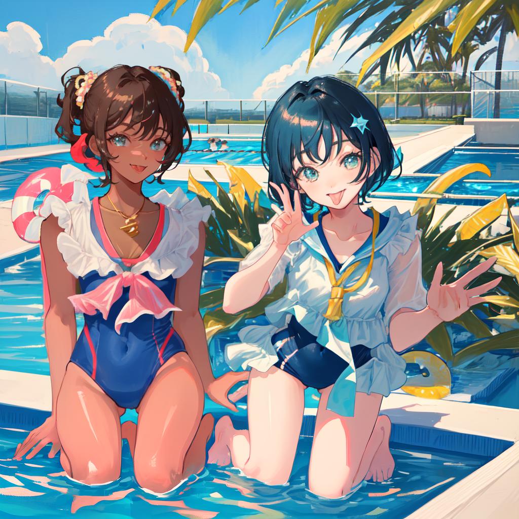  Masterpiece, best quality, a short haired beauty in a skintight bathing suit, kneeling by the pool, tongue sticking out, hands V shaped, excited head up, face flushed. The background is a modern luxury outdoor pool, clear water reflecting sunlight. The atmosphere is playful, cheerful, and summer, with a hint of cheeky. Style reminiscent of Japanese anime, vibrant colors and exaggerated expressions. Achieve ultra high resolution, focusing on capturing the expressions of people and the details of sparkling water.